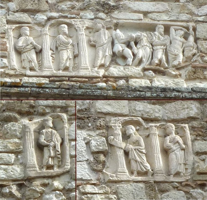 P1100147-1.jpg - Ai lati e sopra il rosone sono stati inclusi resti di alcuni sarcofagi romani